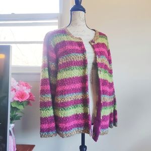 Vintage 90s Striped Boucle Wool Blend Purple Green Knit Snap Button Cardigan 2X